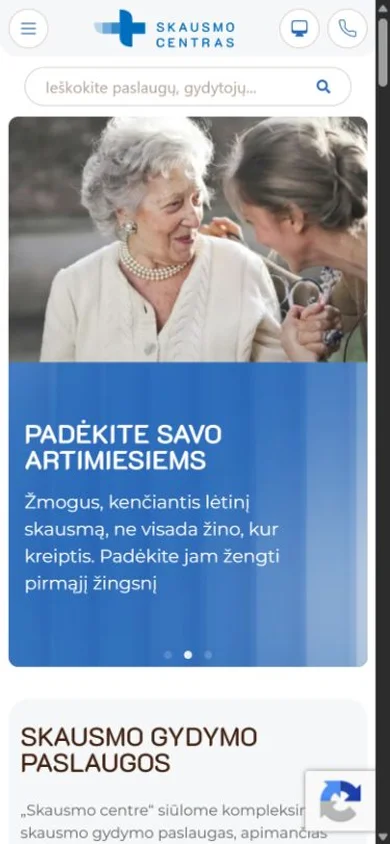 Skausmo centro svetainės mobili sąsaja su pagrindine žinute ir paslaugų skyriumi