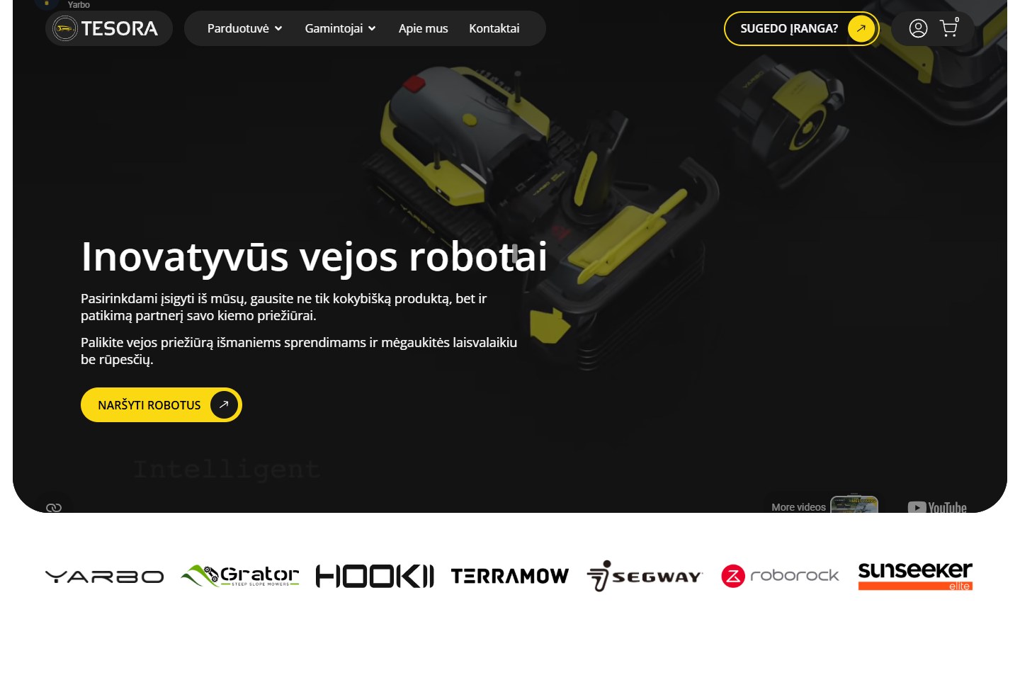TESORA robotų vejapjovių svetainės pagrindinis ekranas